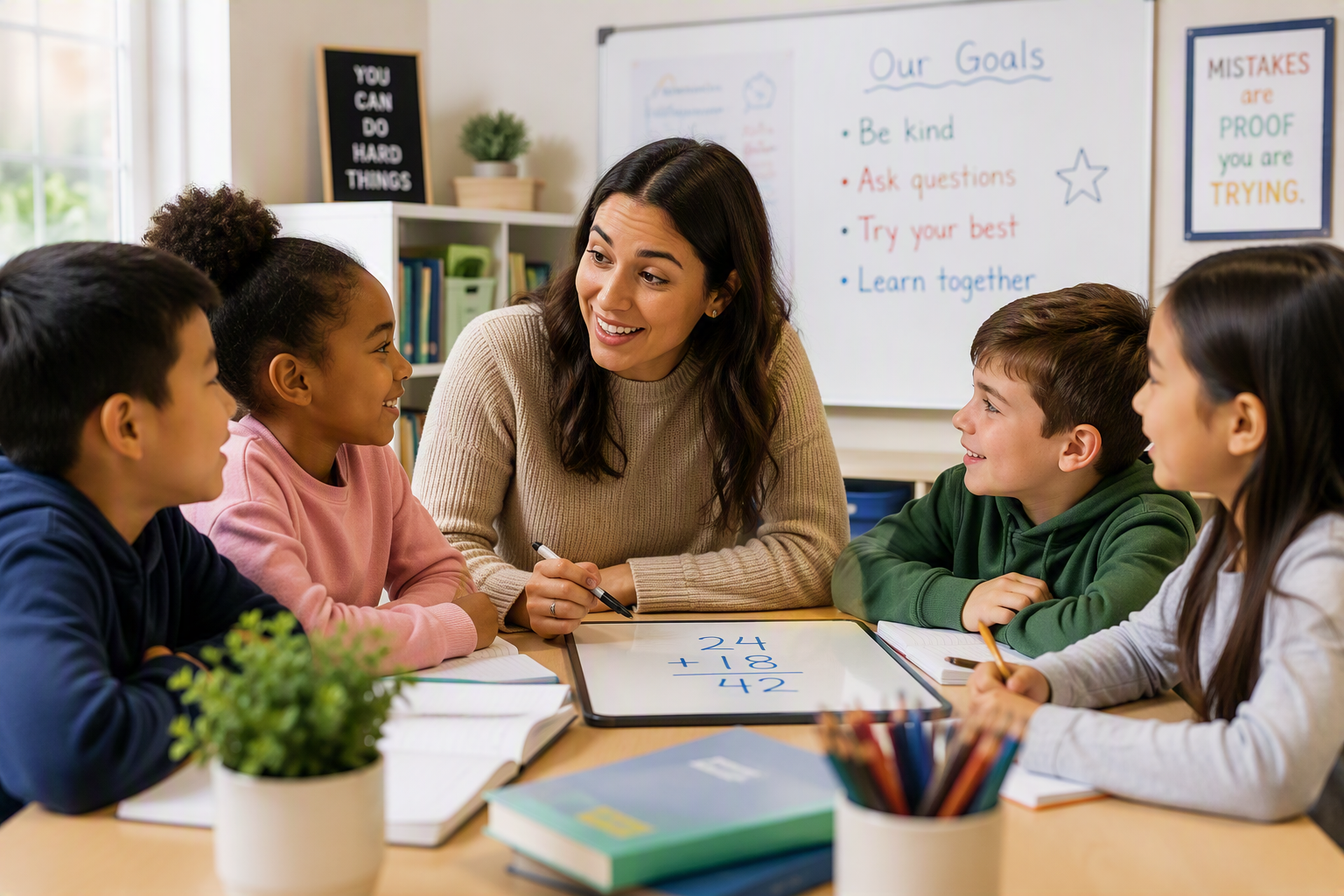 A teacher working with primary school students on a maths problem at Smart Choice Academy